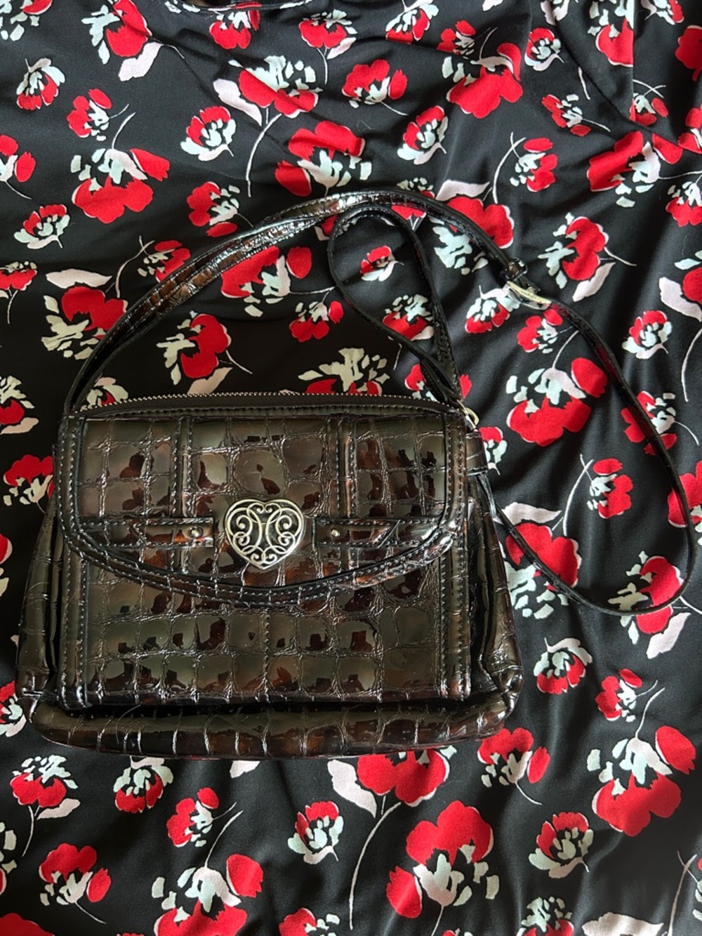 EUC Brighton Croc-Embossed Heart-Clasp Shoulder/crossbody Bag